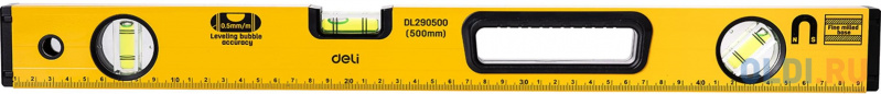 Строительный уровень Deli DL290500 500мм Алюминиевый сплав. Мягкая резина на обоих концах. Магнит для удобства эксплуатации. Измерение под углом 45°. фото