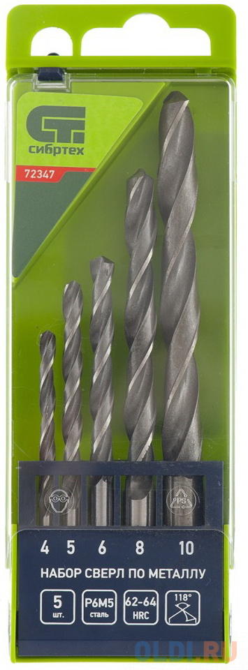 Набор сверл по металлу, 4 - 10 мм, 5 шт., Р6М5, пластиковый кейс// Сибртех