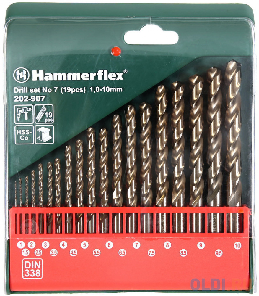 

Набор кобальтовых сверл HAMMER Flex 202-907 DR набор No7 1,0-10мм металл, 19шт.