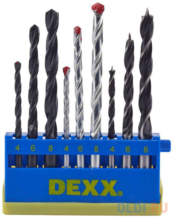Набор DEXX: Сверла комбинированные, по металлу d=4-6-8мм, по дереву d= 4-6-8мм, по кирпичу d=4-6-8мм, 9 предметов tdbs13 набор спиральных сверл по металлу hss tin в металлическом кейсе d1 5 6 5 мм 13 предметов