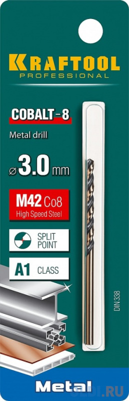 

KRAFTOOL Cobalt, 3.0 х 61 мм, сталь М42, HSS-Co(8%), сверло по металлу (29656-3)