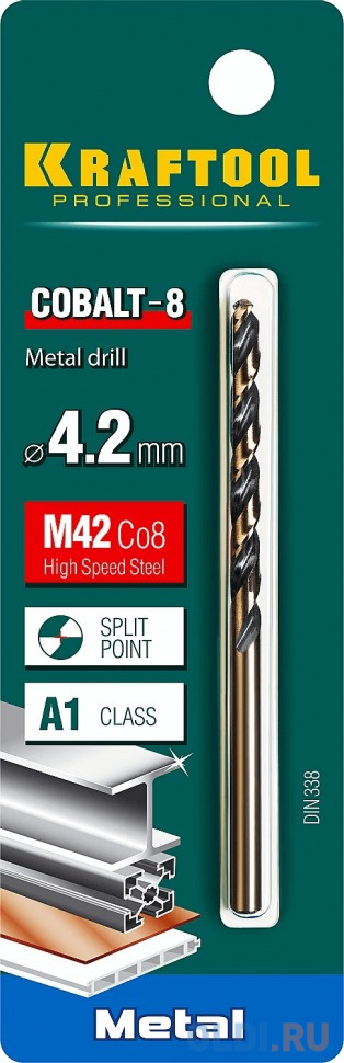 KRAFTOOL Cobalt, 4.2 х 75 мм, сталь М42, HSS-Co(8%), сверло по металлу (29656-4.2)