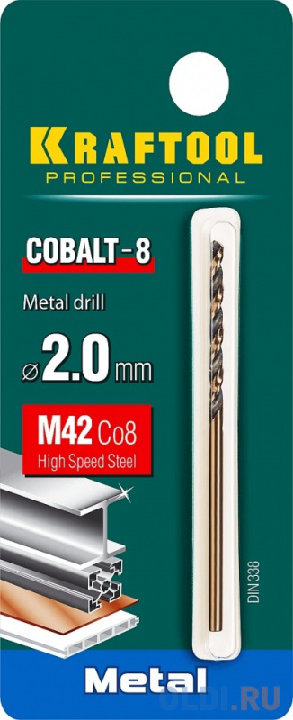 

KRAFTOOL Cobalt, 2.0 х 49 мм, сталь М42, HSS-Co(8%), сверло по металлу (29656-2)