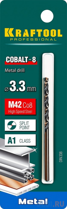 

KRAFTOOL Cobalt, 3.3 х 65 мм, сталь М42, HSS-Co(8%), сверло по металлу (29656-3.3)