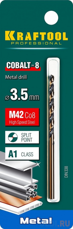

KRAFTOOL Cobalt, 3.5 х 70 мм, сталь М42, HSS-Co(8%), сверло по металлу (29656-3.5)