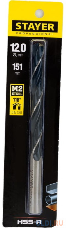 STAYER HSS-R, 12.0 х 151 мм, быстрорежущая сталь P6M5, сверло по металлу, Professional (29602-12) - фото 1