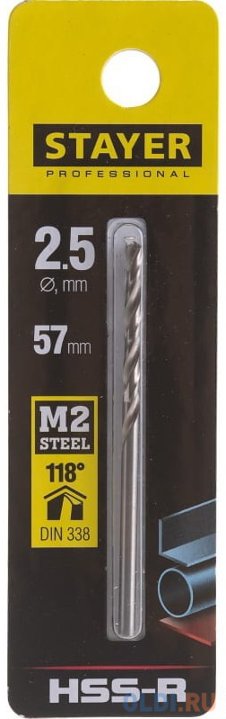 STAYER HSS-R, 2.5 х 57 мм, быстрорежущая сталь P6M5, сверло по металлу, Professional (29602-2.5)