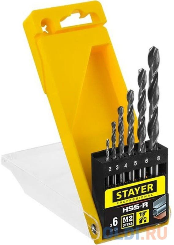 STAYER HSS-R, 6 шт, (2-8 мм), быстрорежущая сталь P6M5, класс В, набор сверл по металлу, Professional (29602-H6)