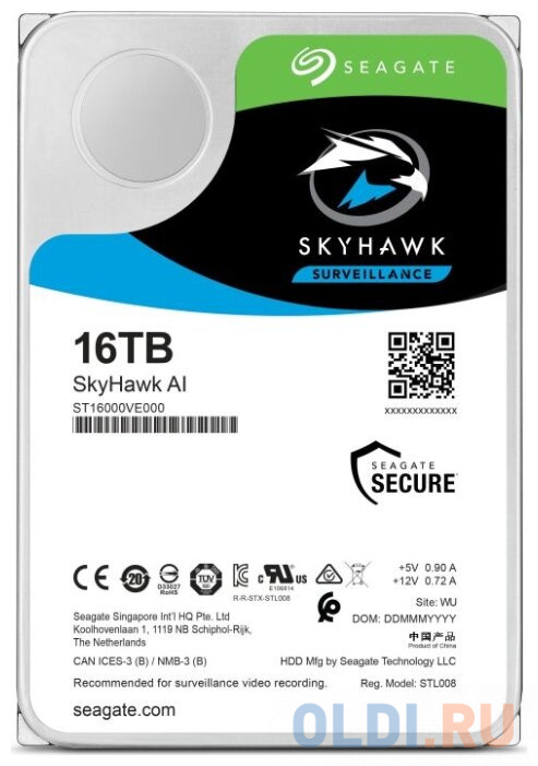 

Жесткий диск 3.5" 16 Tb 7200rpm 256Mb cache Seagate SkyHawk AI SATA III 6 Gb/s ST16000VE000