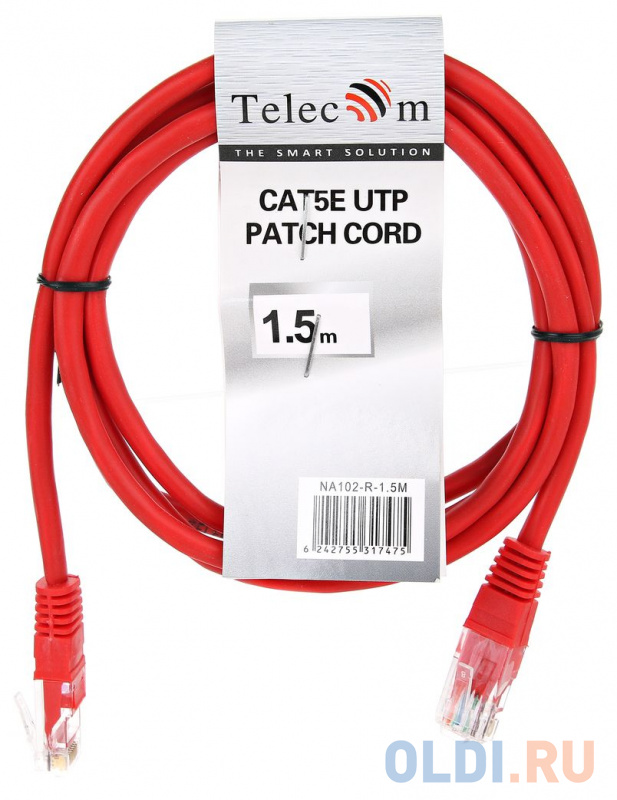 Патчкорд литой "Telecom" UTP кат.5е 1,5м красный фото