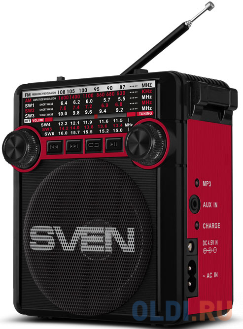 АС SVEN SRP-355, красный (3 Вт, FM/AM/SW, USB, SD/microSD, фонарь, встроенный аккумулятор) фонарь трофи tm1w 1x1w led алюм 2хаа бл