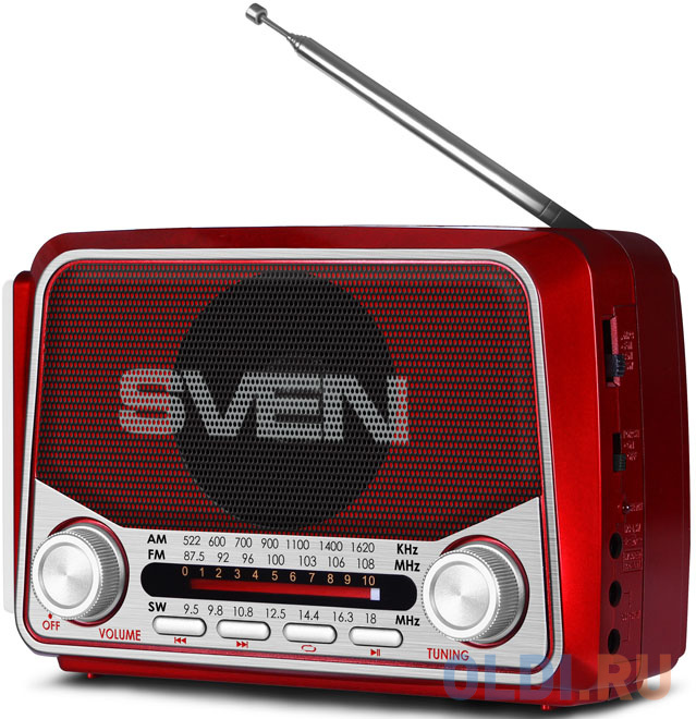 

АС SVEN SRP-525, красный (3 Вт, FM/AM/SW, USB, microSD, фонарь, встроенный аккумулятор)
