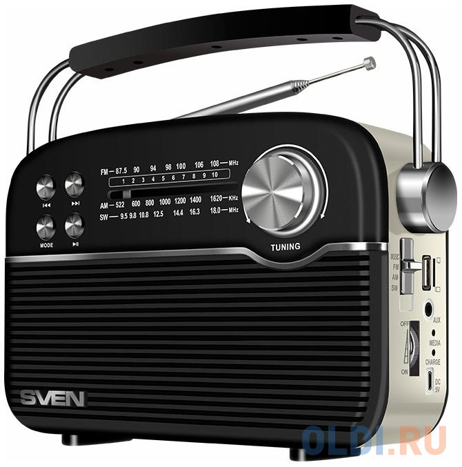 Радиоприёмник SVEN SRP-500 чёрный (3 Вт, FM/AM/SW, USB, microSD, AUX, Bluetooth, 1200 мАч) мобильные колонки sven ps 215 2 0 чёрные 2x6w ipx6 usb bluetooth microsd fm радио 2400 мa