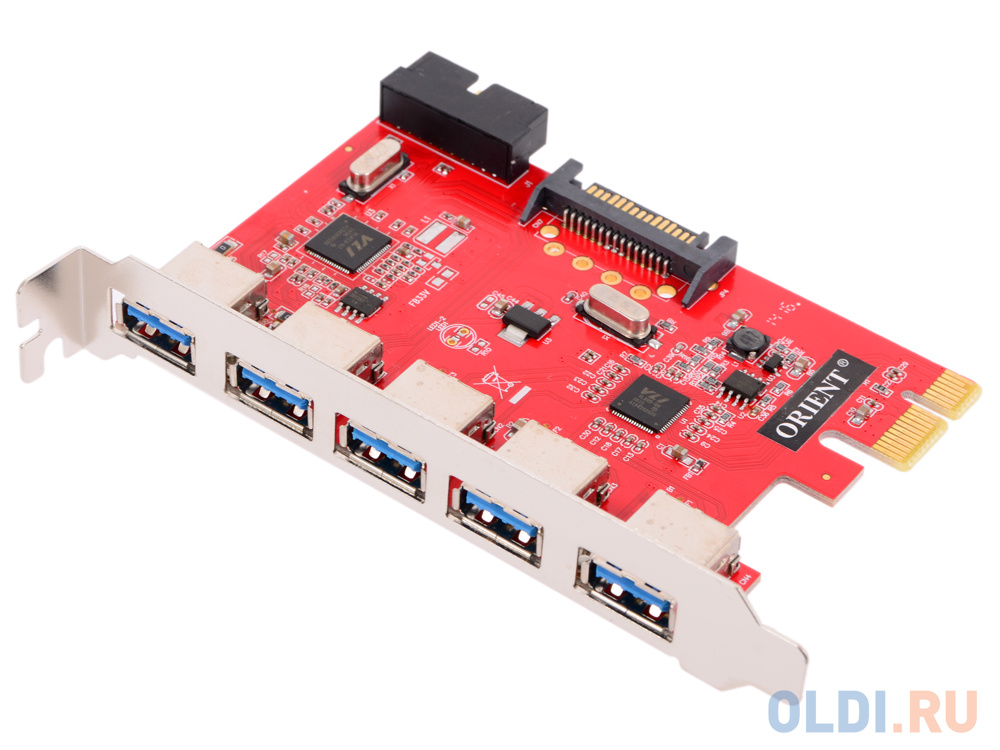 Контроллер ORIENT VA-3U5219PE, PCI-E USB 3.0 5ext/2int (19-pin) port, VIA VL805+VL813 chipset, разъем доп.питания, oem