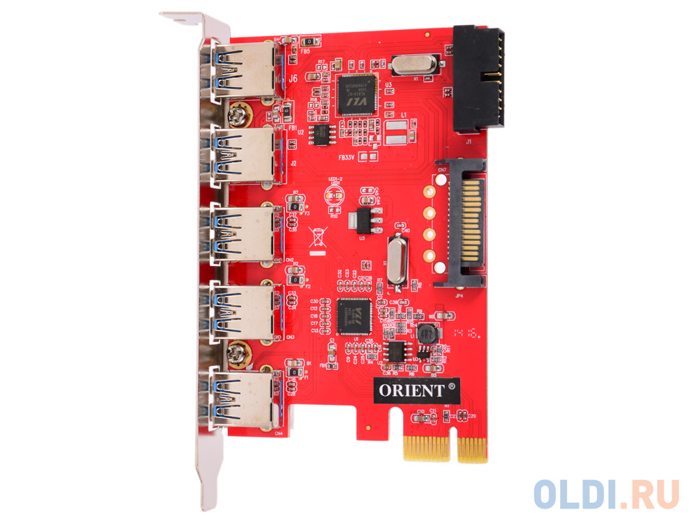 Контроллер ORIENT VA-3U5219PE, PCI-E USB 3.0 5ext/2int (19-pin) port, VIA VL805+VL813 chipset, разъем доп.питания, oem от OLDI