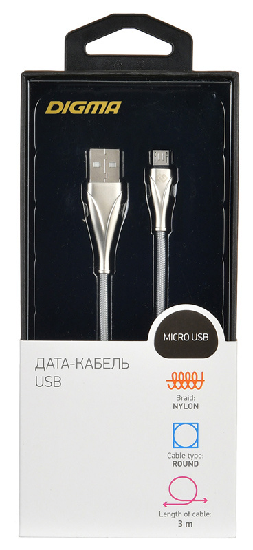 

Кабель microUSB 3м Digma 1080364 круглый серебристый