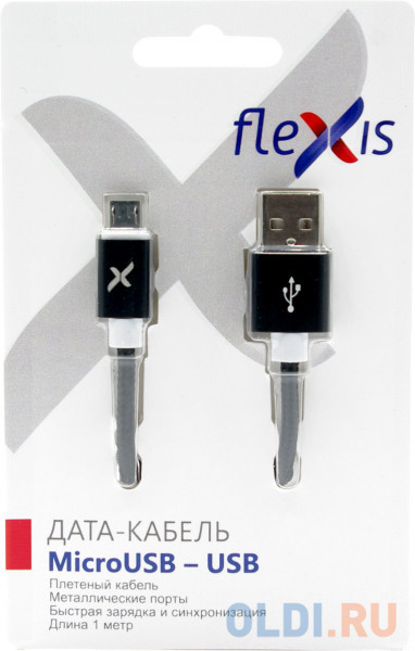 

Кабель microUSB 1м Flexis Braided круглый черный