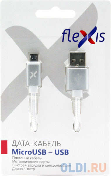 

Кабель microUSB 1м Flexis Braided круглый серебристый