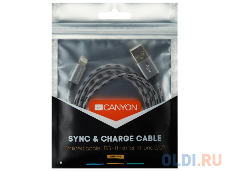 Кабель Lightning 1м Canyon CNE-CFI3DG круглый серый фото