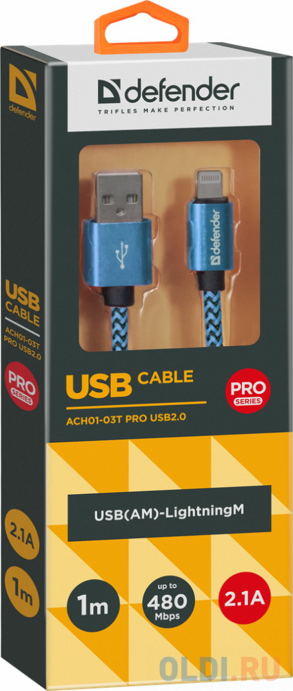 Кабель USB 2.0 Lightning 1м Defender ACH01-03T PRO витой синий фото
