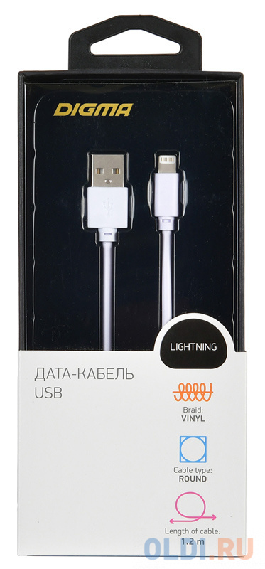 Кабель Lightning 1.2м Digma 1084558 круглый белый Вид№3