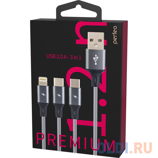 Кабель microUSB Type-C Lightning 1.2м Perfeo U5001 круглый серый фото