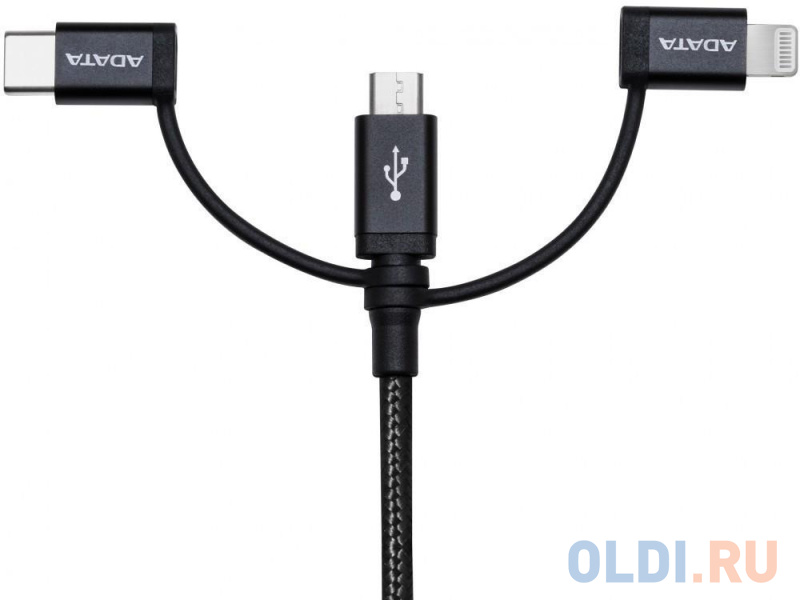 

Кабель microUSB Lightning Type-C 1м A-Data AMCL23IN1-1MK-CBK круглый черный