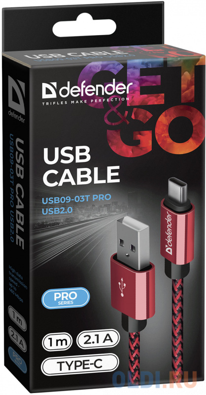 Кабель Type-C 1м Defender USB09-03T PRO круглый красный фото