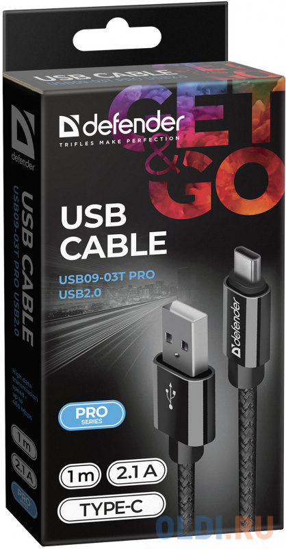 Кабель Type-C 1м Defender USB09-03T PRO круглый черный фото