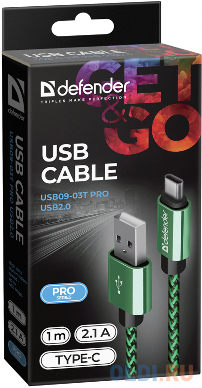 Кабель Type-C 1м Defender USB09-03T PRO круглый зеленый фото