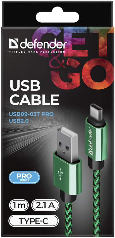 Кабель Type-C 1м Defender USB09-03T PRO круглый зеленый фото