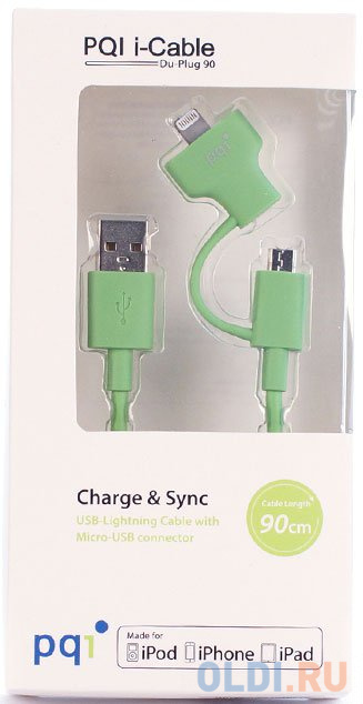 

Переходник microUSB Lightning 0.9м PQI PQI-iCABLE-DuPlug90-GN круглый зеленый