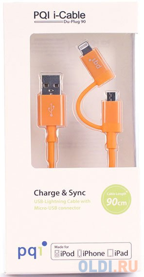 

Переходник microUSB Lightning 0.9м PQI PQI-iCABLE-DuPlug90-OR круглый оранжевый