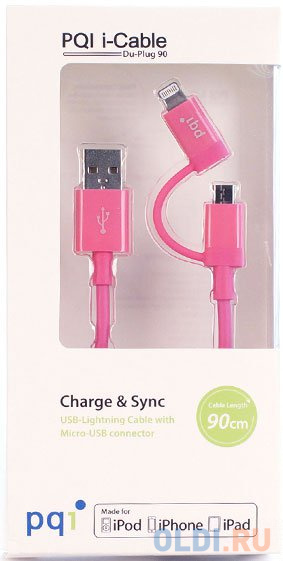 

Переходник microUSB Lightning 0.9м PQI PQI-iCABLE-DuPlug90-PK круглый розовый