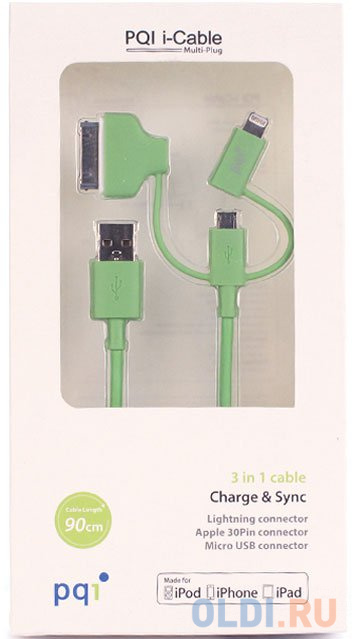 

Переходник microUSB Lightning 30 pin 0.9м PQI PQI-iCABLE-MULTIPLUG-GN круглый зеленый