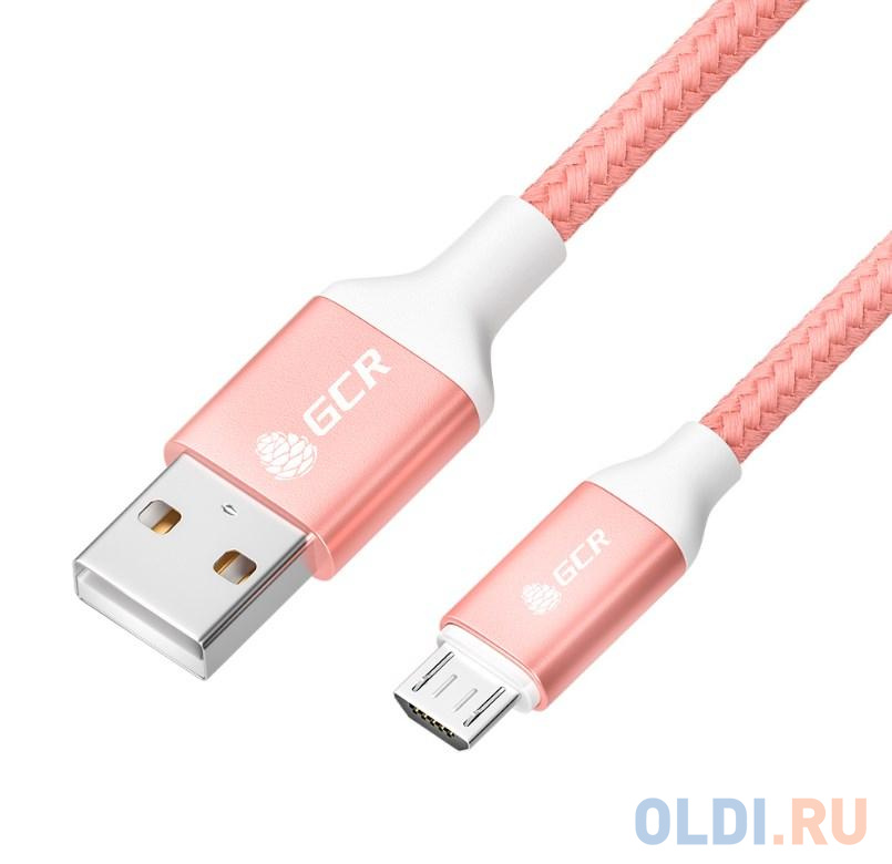 GCR QC Кабель 0.5m MicroUSB, быстрая зарядка, розовый нейлон, AL корпус розовый, белый ПВХ, 28/24 AWG, GCR-52464 кабель microusb 1м acd acd u926 m1b круглый