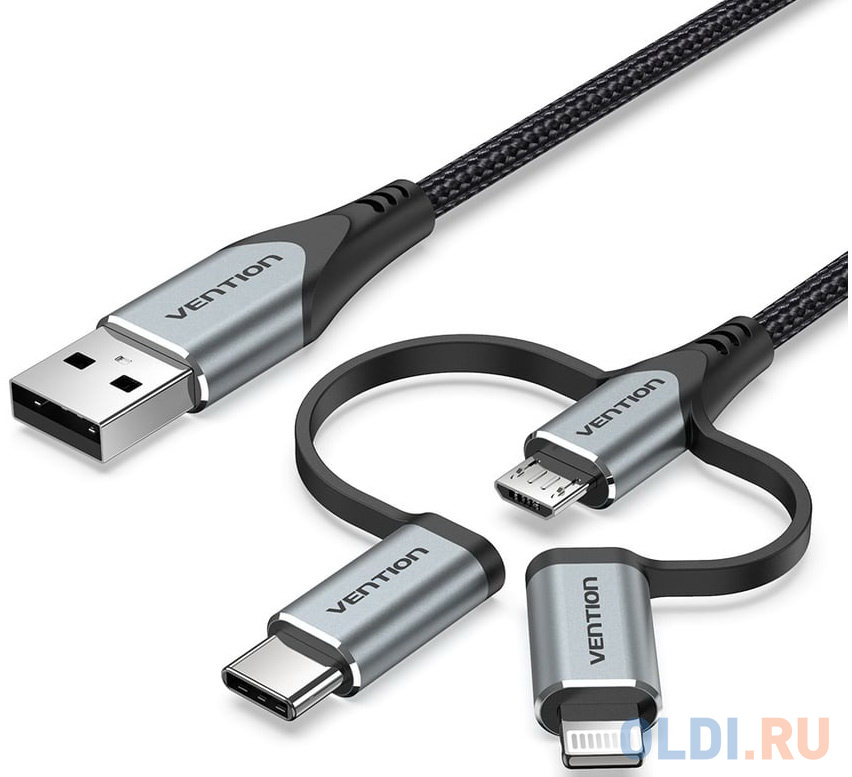 

Кабель Vention 3 в 1 USB 2.0 AM/ Micro-B, USB-C, Lightning M - 1м. Черный