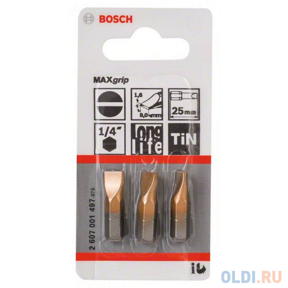 Bosch 2607001497 3 БИТ 25ММ S 1.6Х8.0 TIN - фото 1
