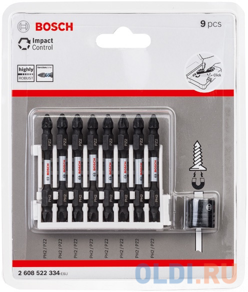 

BOSCH 8 двуст.ударн.бит 65мм, ph2/pz2+маг.муфта 2608522334