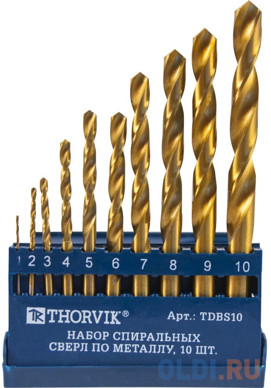Thorvik TDBS10 Набор спиральных сверл по металлу HSS TiN в пластиковом кейсе, d1.0-10.0 мм, 10 предметов