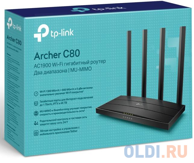 Беспроводной маршрутизатор TP-LINK Archer C80 802.11abgnac 1900Mbps 2.4 ГГц 5 ГГц 4xLAN черный фото