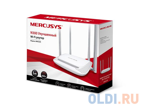 Маршрутизатор Mercusys MW325R Wi-Fi роутер, до 300 Мбит/с на 2,4 ГГц, 8, 1 порт WAN 100 Мбит/с  + 4 порта LAN 10/100 Мбит/с, 4 фиксированные антенны от OLDI