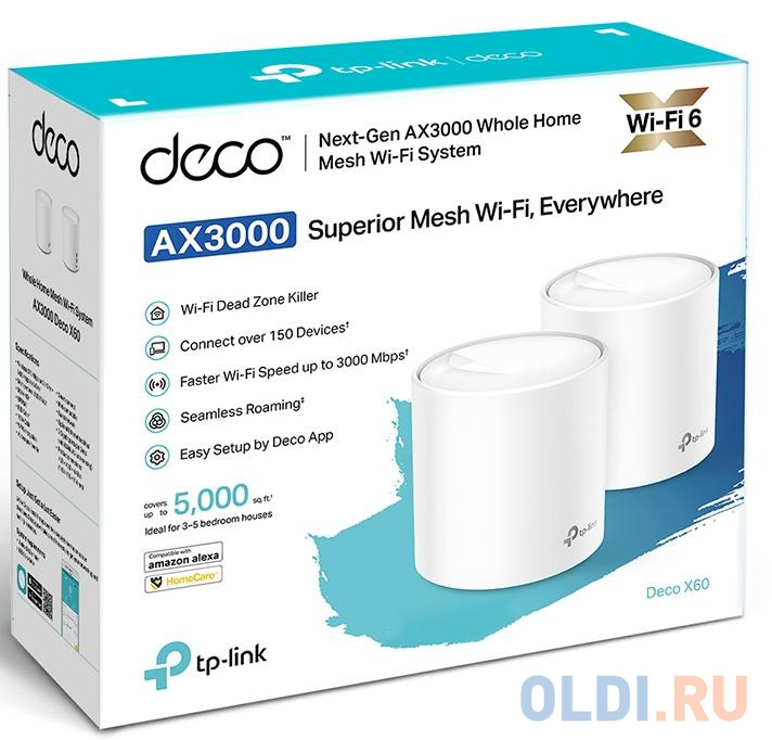Wi-Fi система TP-LINK Deco X60(2-Pack) 802.11ax 2976Mbps 2.4 ГГц 5 ГГц 1xLAN белый фото