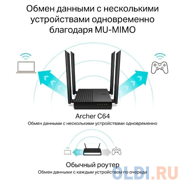 Wi-Fi роутер TP-LINK ARCHER C64 802.11abgnac 1167Mbps 2.4 ГГц 5 ГГц 4xLAN черный фото