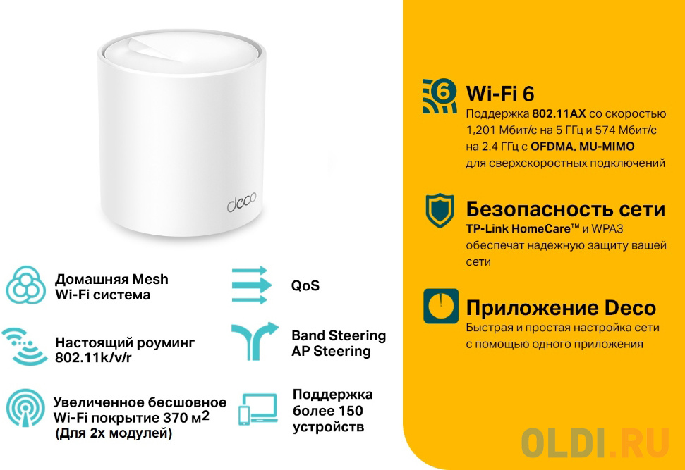 Wi-Fi система TP-LINK DECO X20 802.11ax 1200Mbps 2.4 ГГц 5 ГГц 1xLAN белый фото