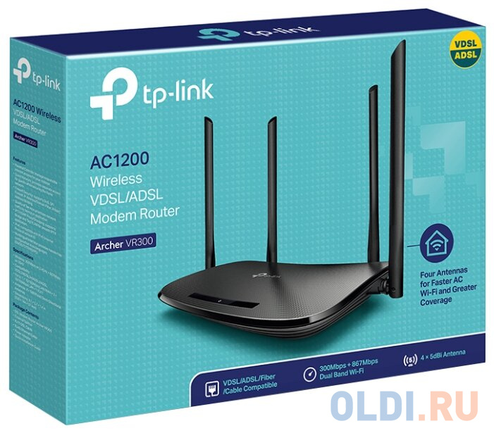 AC1200 Wi-Fi VDSL/ADSL Modem Router, 802.11ac/a/n/g/b, 867Mbps at 5GHz + 300Mbps at 2.4GHz, 4 FE ports,  4 fixed antennas, Tether App, VPN Server, Clo Archer VR300 - фото 4