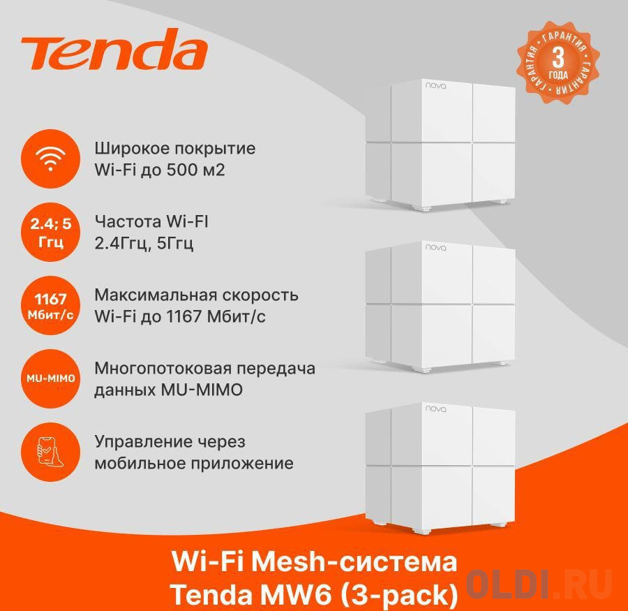 

Двухдиапазонная Wi-Fi Mesh система AC1200 MW6(3-PACK) TENDA