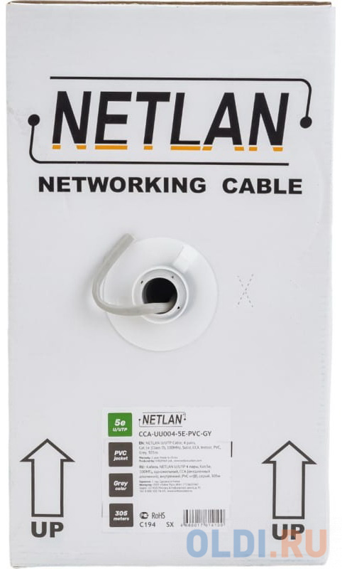 Кабель NETLAN CCA-UU004-5E-PVC-GY U/UTP 4 пары, Кат.5e, 100МГц, одножильный, CCA (омедненный алюминий), внутренний, PVC нг(B), серый, 305м