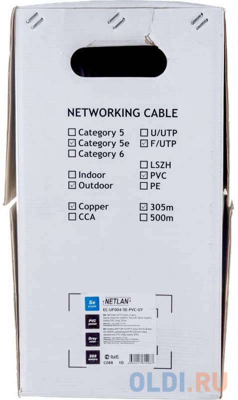 Кабель NETLAN EC-UF004-5E-PVC-GY F/UTP 4 пары, Кат.5e (Класс D), 100МГц, внутренний, PVC нг(B), серый, 305м Вид№3