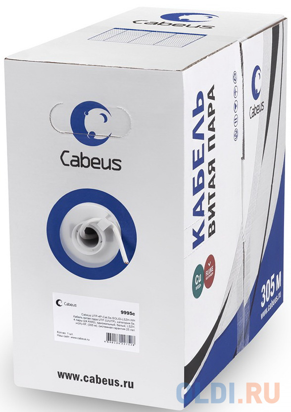 Cabeus UTP-4P-Cat.5e-SOLID-GY-LIGHT Кабель витая пара UTP (U/UTP), категория 5e, 4 пары 0,47мм (24 AWG), PVC нг(А)-LS, серый (305 м)